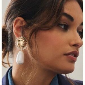 Anthropologie gold crystal pearl drop statement earrings